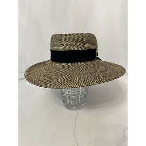 Sun n Sand Womens Straw Sun Hat 7.25 Band Wide Brim Gold Black Ribbon Bow Beach